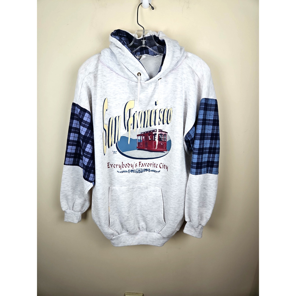 VTG 90’s Hoodie Sz L San Francisco California Cable Car Plaid Sweatshirt USA